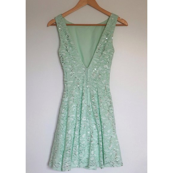 Mint Lace with Silver Sequin Details Fit and Flare Formal Dress - Picture 2 of 8